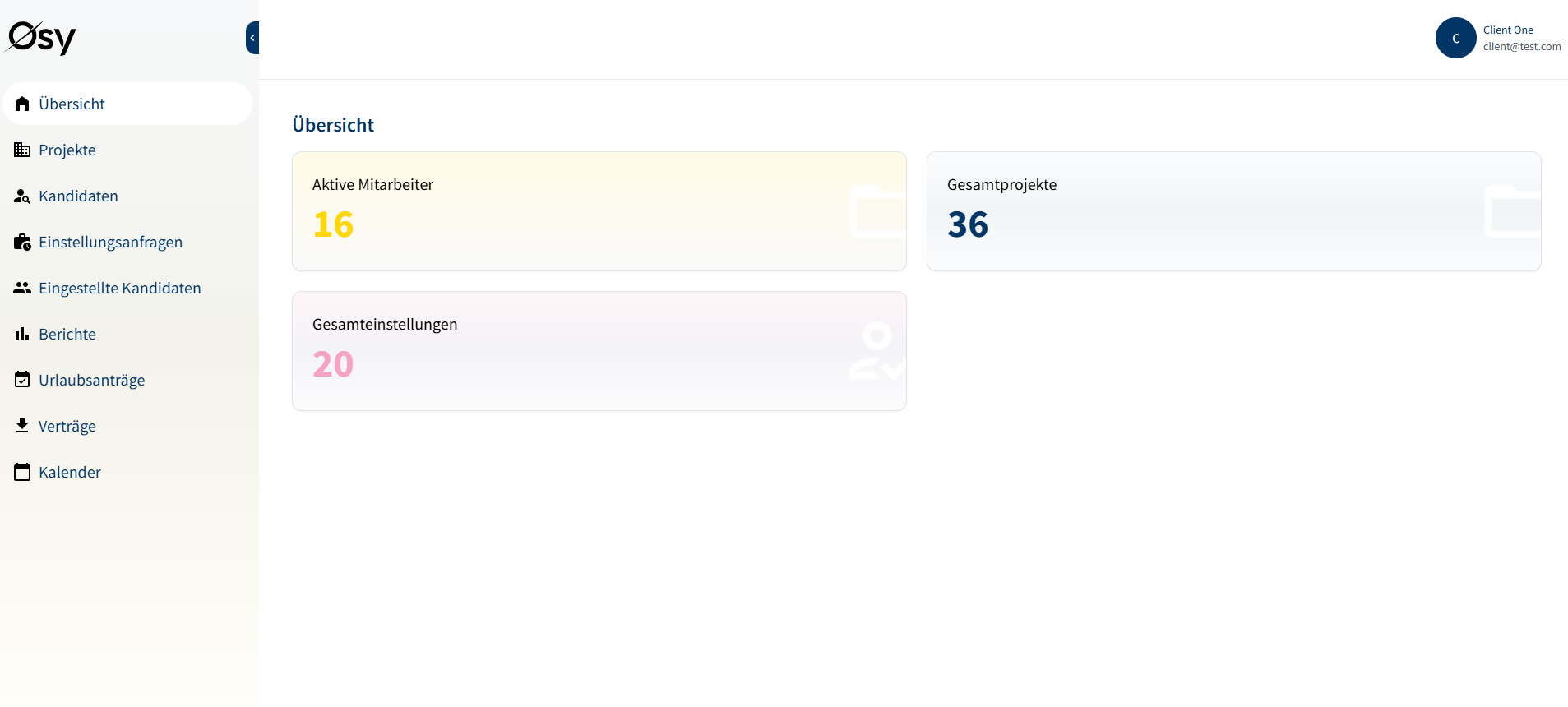 OsyApp dashboard with projects and KPIs